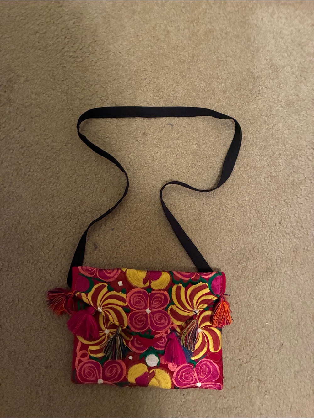 Embroidered Hot Pink Floral Crossbody Bag with Tassels